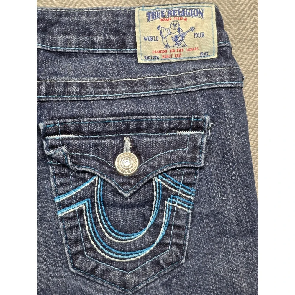 True Religion Bootcut Jeans Womens 28 Dark Wash Blue Thick Stitch‎ Made in USA